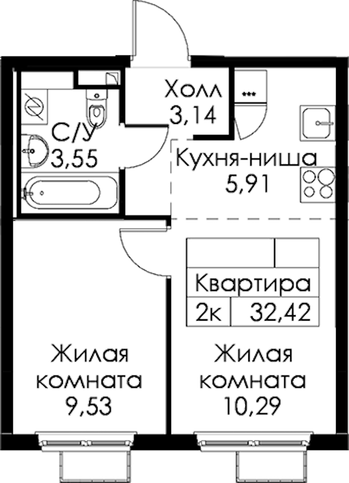 1-комнатная квартира 32.42 м², 5/15 эт., ЖК «Янинский лес»
